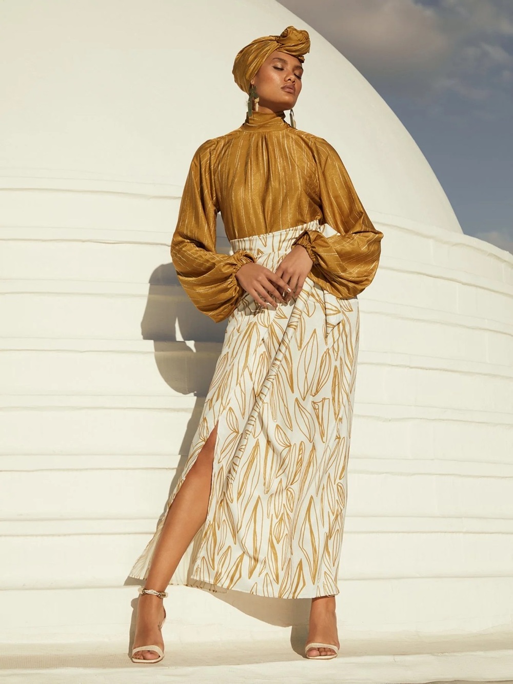 DiarraBlu Gold/White High Neck Top and Wrap Skirt Set w/ Side Slit XS/S